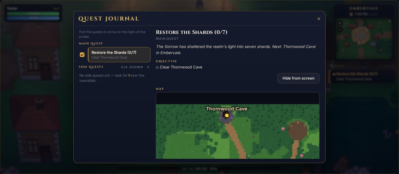 SORROW Online — quest journal with objective map